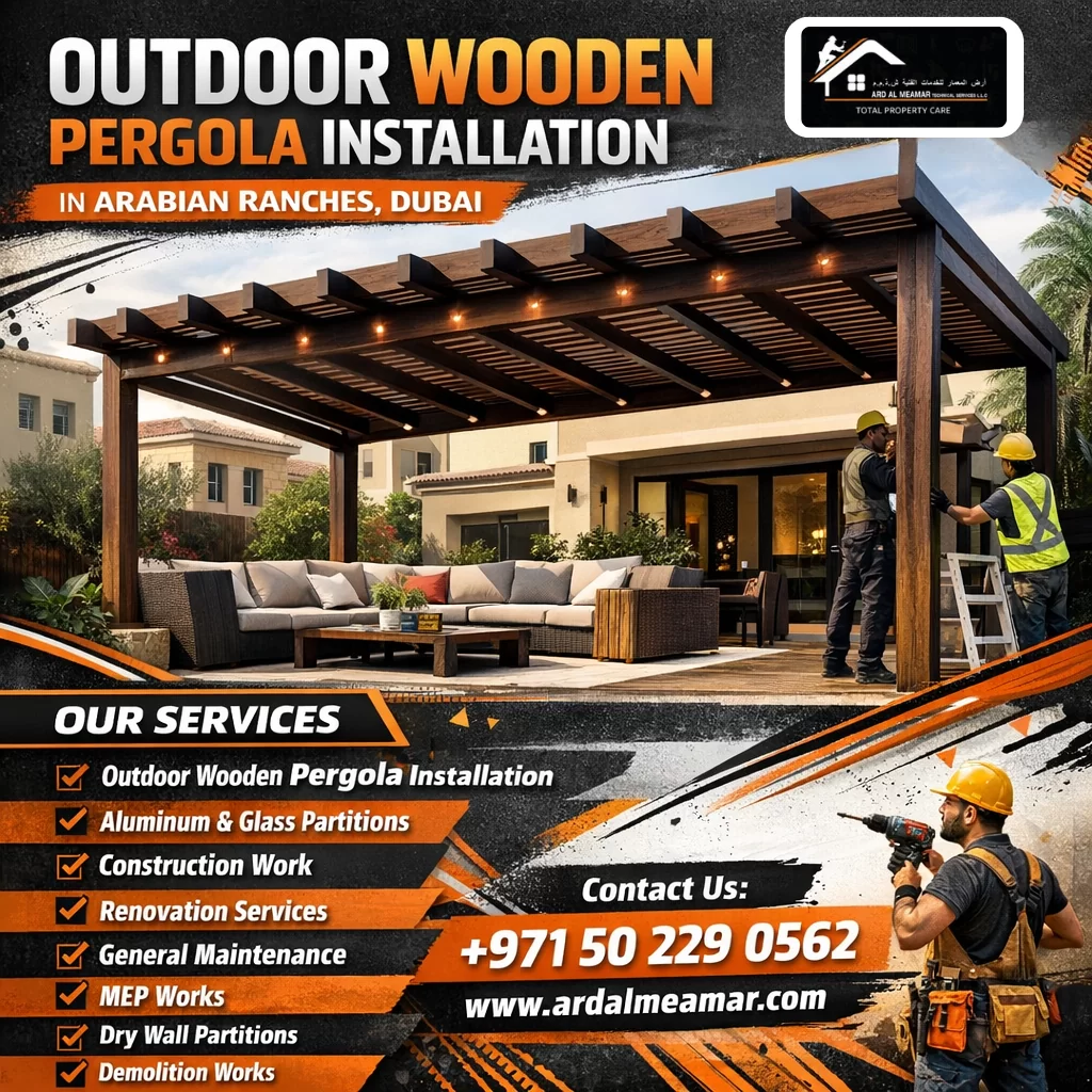 outdoor wooden pergola installation in arabian ranches dubai